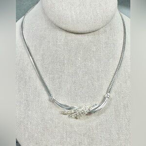 Avon Silver Tone Herringbone Clear Rhinestone Geometric Statement Necklace